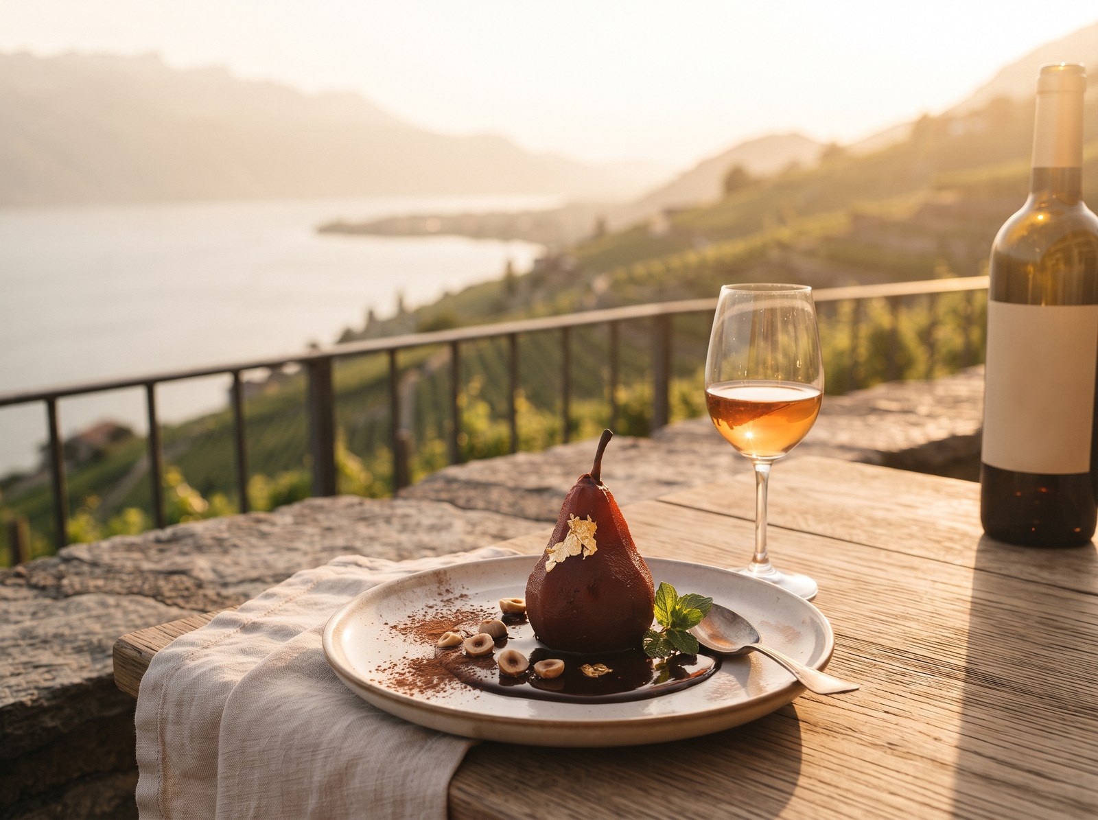 Poached pear with chocolate sauce